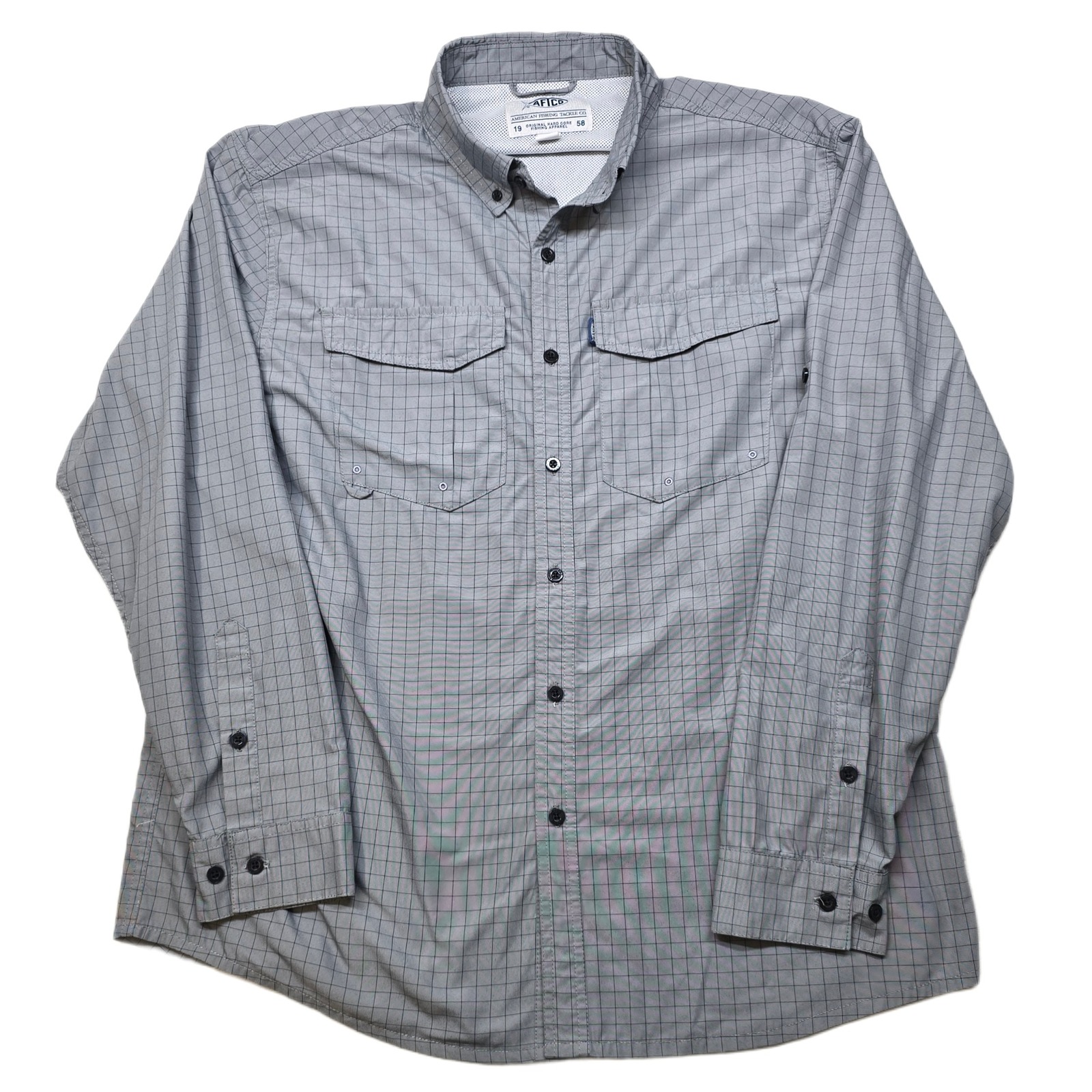 Afico American Fishing Tackle Shirt Mens Large Gray Plaid Long Sleeve Aftech